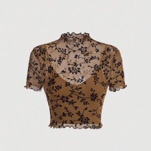 Floral Print Mesh Overlay Dark Khaki Contrasting Black Flocked Turtle crop top